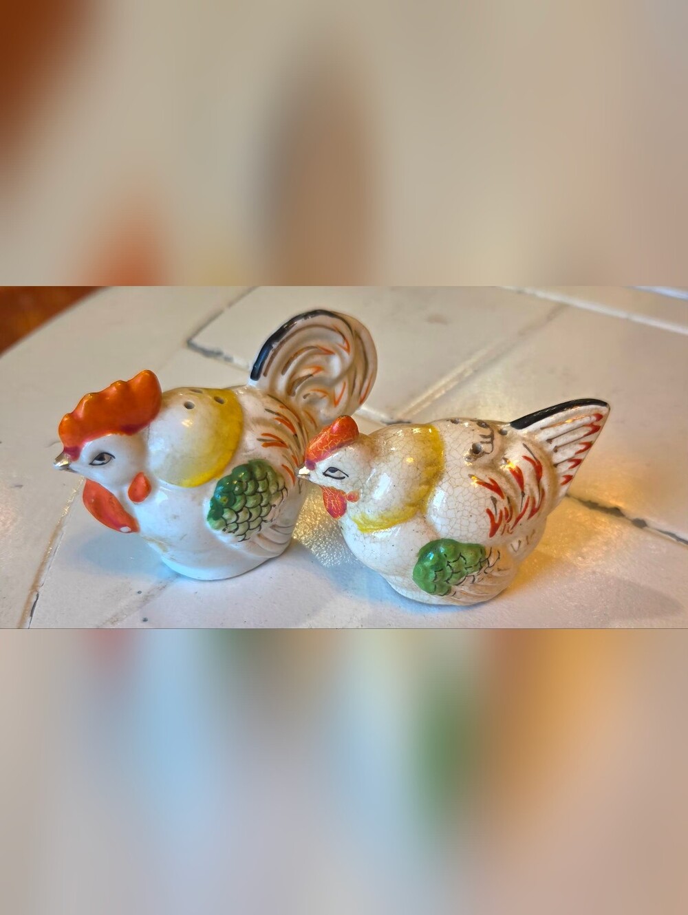 Set of Vtg Handpainted Rooster Hen Salt Pepper Shakers Chickens Orange Gold